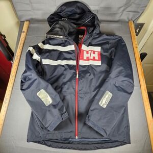 Helly Hansen Mens LG Navy Red White HH Logo Hooded Rain Jacket Coat w/helly tech